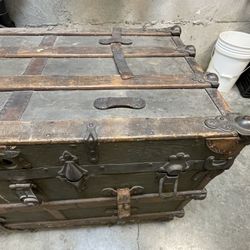 Antique Flat-Top Steamer Trunk - Wood, Metal & Leather - Travel Chest, Storage