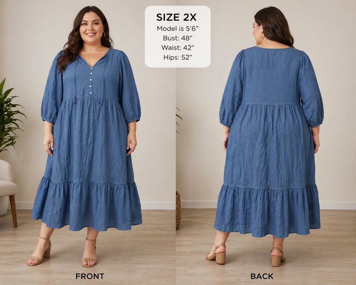 Women's Blue Solid Midi Dress V-Neck 3/4 Balloon Sleeve Tiered A-Line 2X