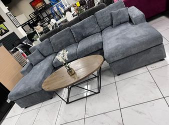 Dark gray corduroy Double chaise sectional sofa