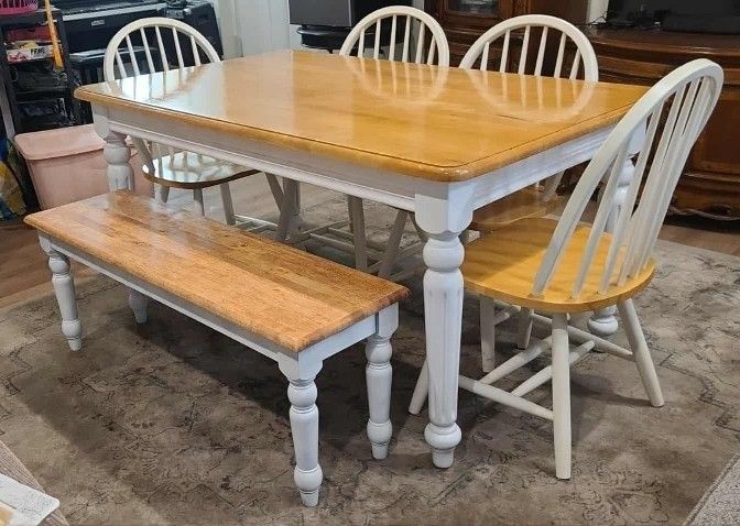 Farmhouse Dining Table And Chairs+ Bench/Set/Rare/Oak Wood/White/Rustic/Country/READ DESCRIPTION
