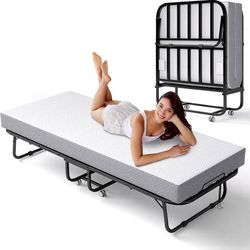 187 Decofy Folding Bed with Memory Foam Mattress, Portable Rollaway Guest Beds on Wheels, 75"x31" Twin Size Space-Saving Cot-Size Bed for Adults with 