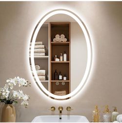 Espejo LED ovalado para baño, espejo de tocador de baño iluminado de 22 x 32 pulgadas con luces, antiempañamiento inteligente, regulable continuo con 