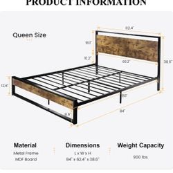 SHA CERLIN Queen Size Bed Frame with Wooden Headboard, Rustic Brown