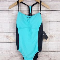 Nike Womens Teal Black One Piece Ribbed Swimsuit NESSA409-318 Size L (MSRP $88)