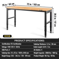 Workbench Adjustable Height, 72" L x 25" W Garage Table with 28.5"-38.3" Heights & 2000 LBS Capacity, Power Outlets & Hardwood Top & Metal Frame & Foo