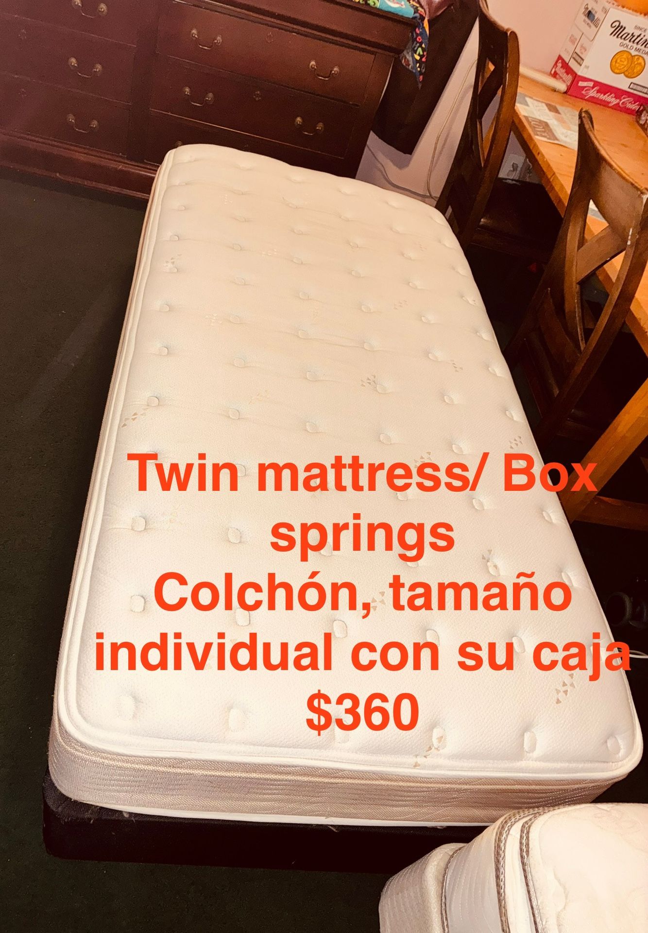 $360–Twin mattresses and box springs (3 available) Metal frames are sold separately. ——(USED NOT NEW) for seriously interested people only-messages on