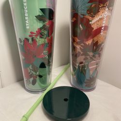 2 STARBUCKS venti 24 fl oz cold TUMBLER summer cactus and poinsettia LOT 