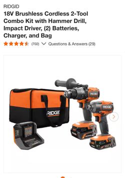 RIDGID 18V Brushless Cordless 2-Tool Combo Kit with Hammer Drill, Impact Driver, (2) Batteries, Charger, and Bag