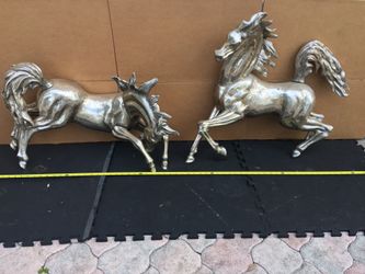 Silver PEWTER Horses (with brackets to hang on wall)