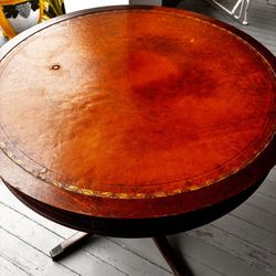 Antique Early 1900 Leather Top drum Table 