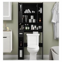 Black Over-the-Toilet Storage Cabinet with Shelves and Doors