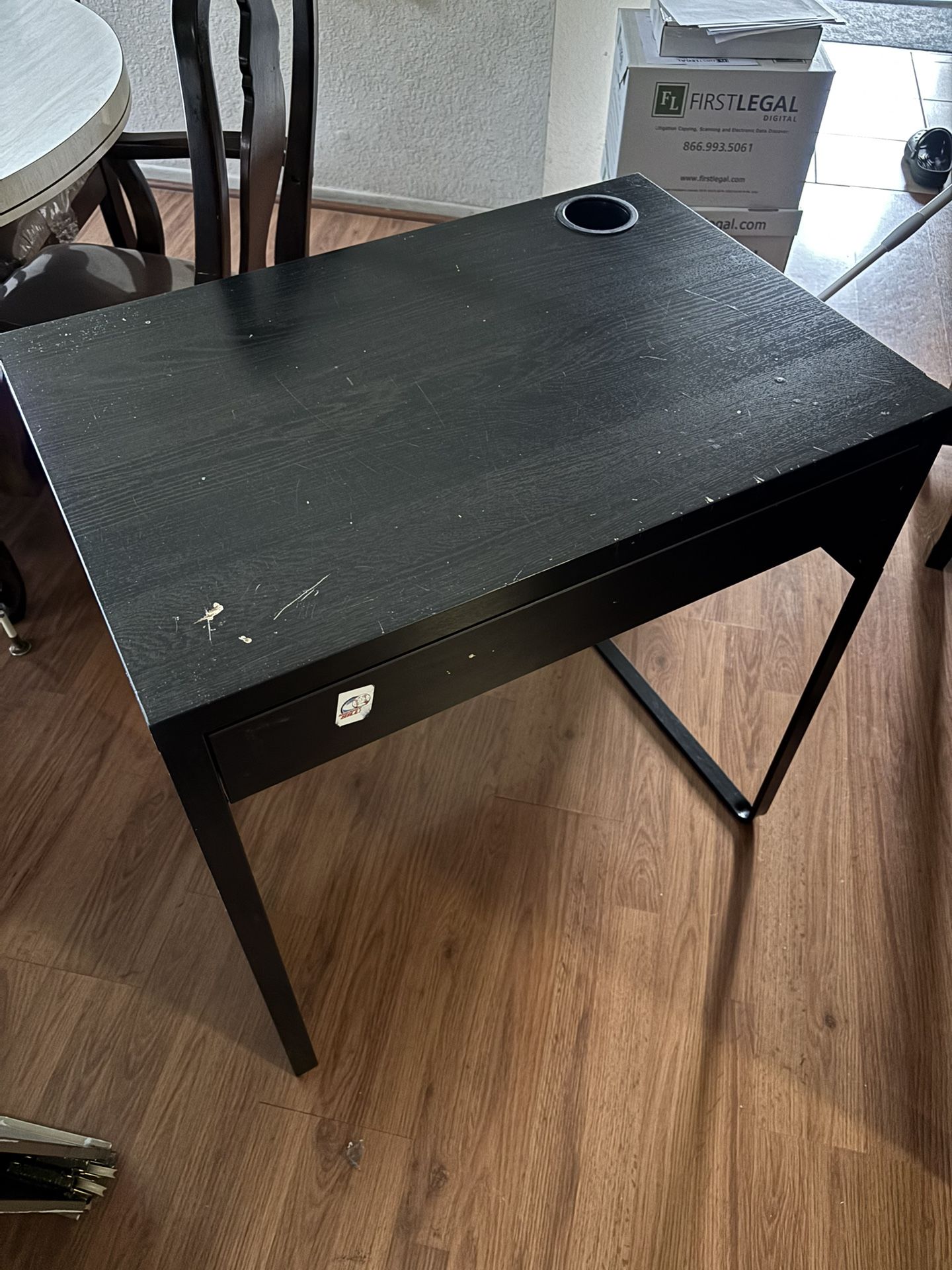 Black IKEA Micke Desk with computer chair