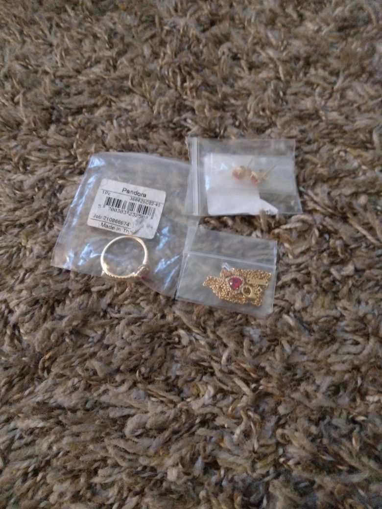 Pandora Gold Plated Matching Set New ,ring ,earrings And Necklace