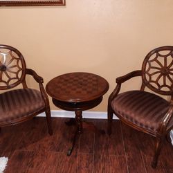 2 Hand-carved Ashley Chairs & Matching Chess/checker Table