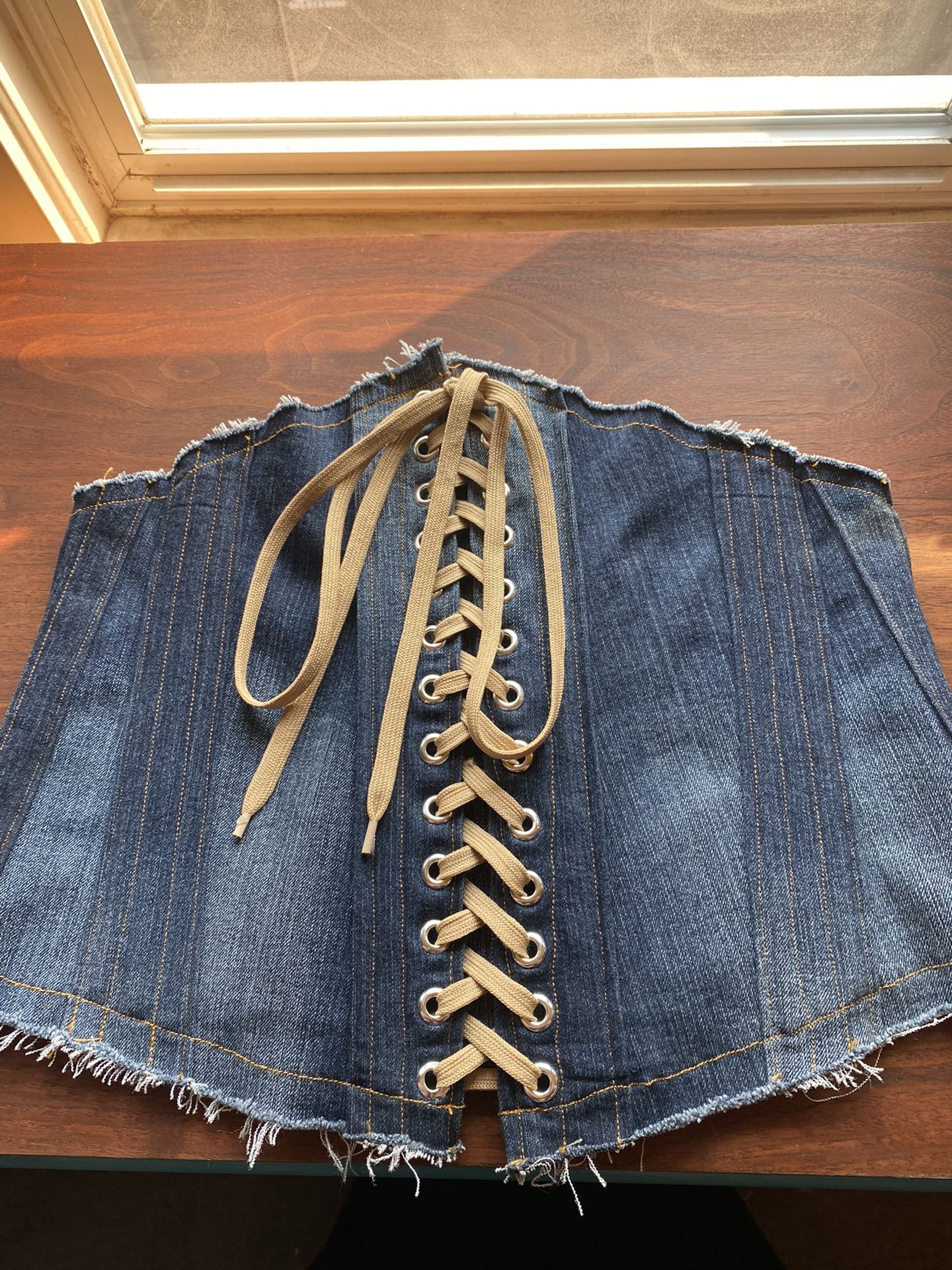 Hand made corset, Jean material with slight stretch, fits L-XL
