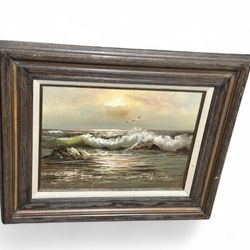 Vtg Seascape Ocean Oil Painting with Waves and Sunset  23 3/4” x 19 1/8”