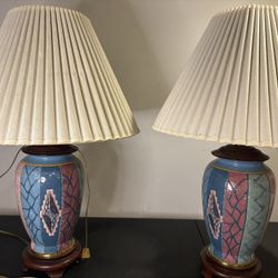Vintage Ceramic Table Lamps (Pair) – Hand-Painted, Pastel Colors with Shades 