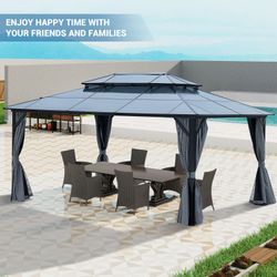 12' x 16' Gazebo Polycarbonate Double Roof Canopy Outdoor Aluminum Frame Pergola, Permanent Pavilion with Netting and Curtains for Garden Patio Lawns 