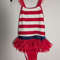 Cat&Jack Swimsuit White, Red & Blue patriotic w/easy snaps at bottom Size 5t
