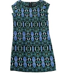 Sam Edelman Shift Dress Blue Green Geometric Print Short Sleeve Work Career Dress Size Medium