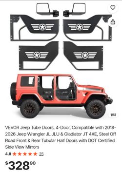 VEVOR Jeep Tube Doors, 4-Door, Compatible with 2018-2026 Jeep Wrangler JL JLU & Gladiator JT 4XE, Steel Off Road Front & Rear Tubular Half Doors with
