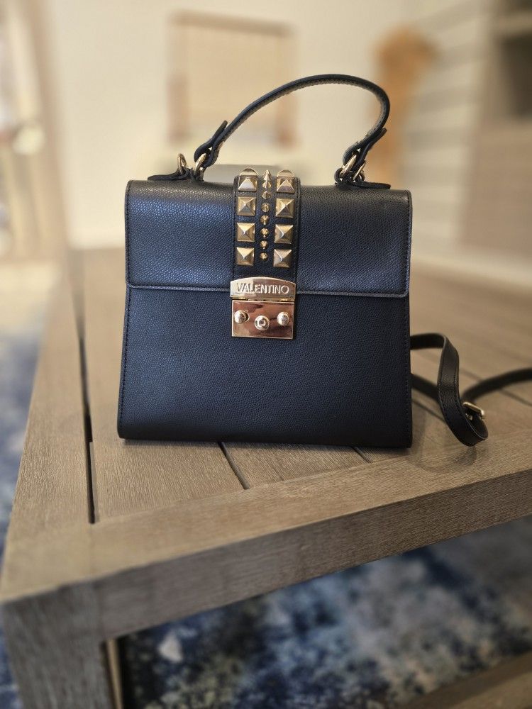 Chic Valentino Purse Black Leather w/ Gold Stud Details Top Handle Crossbody Bag