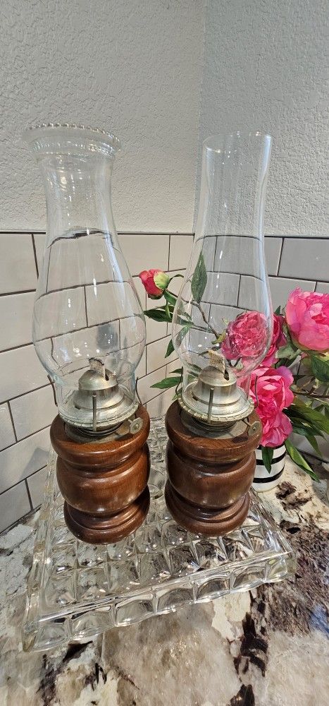 Farmhouse Oil Lamps Wooden Base