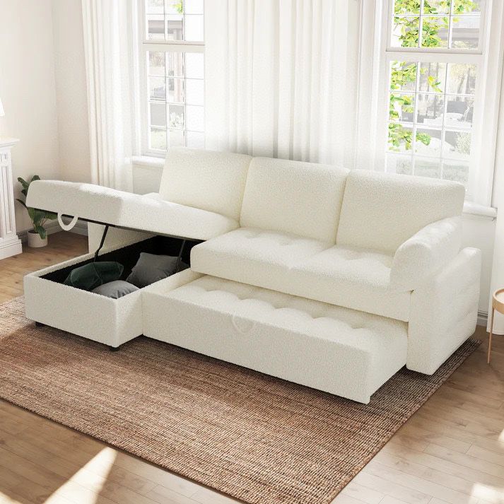 Pull Out Sofa Bed,Modern Tufted Sofa, L Shaped Sleeper Sofa with Storage Chaise Boucle White