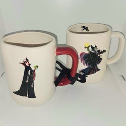 pair of Rae Dunn Disney Villians mugs Maleficent and Evil Queen 