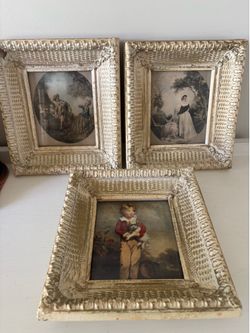 vintage lithograph prints by Jane Freeman, including the "Chums" series of children with pets in ornate, distressed gold frames.