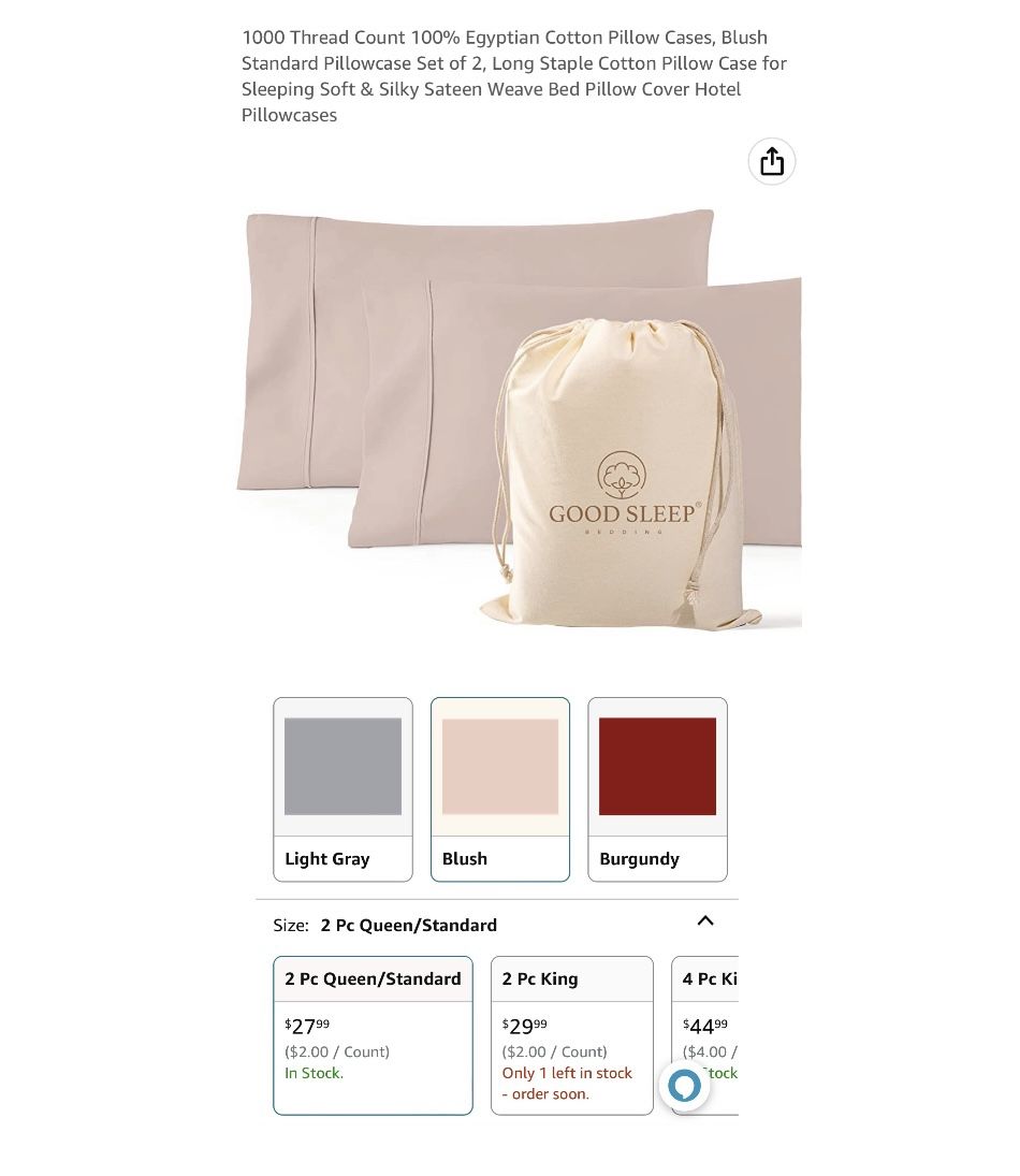 Brand new 1000 Thread Count 100% Egyptian Cotton Pillow Cases, Blush Standard Pillowcase Set of 2, Long Staple Cotton Pillow Case for Sleeping Soft &