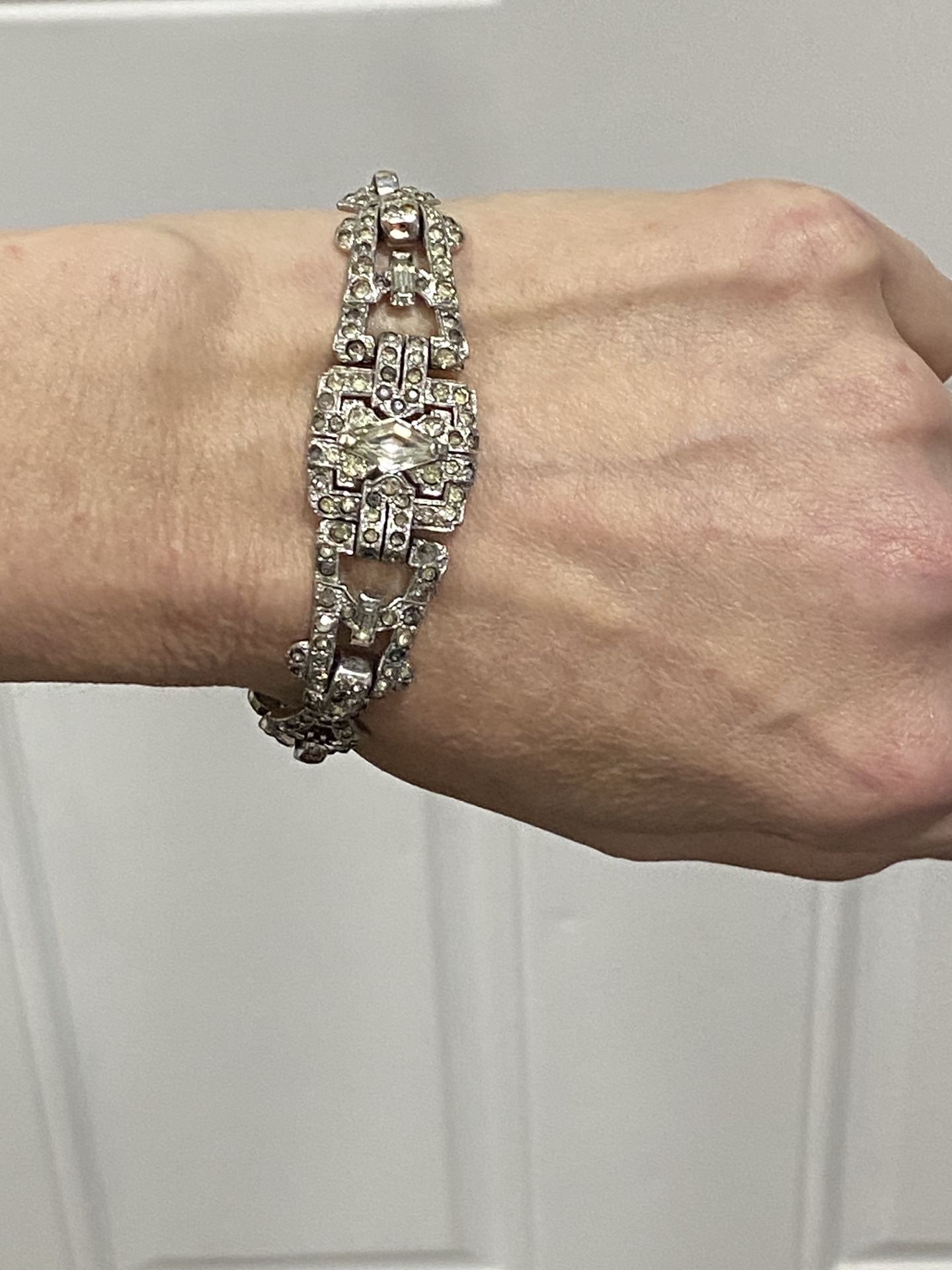 MAZER Bros. Exquisite Rare bracelet set in Lustrous Rhodium plated w/ brilliant clear Diamantè rhinestones-