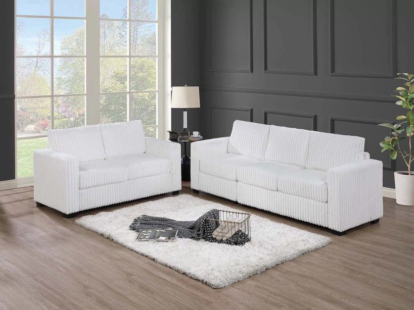 Brand New White Corduroy Sofa + Loveseat 2PCs Set