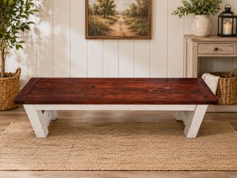 Rustic Farmhouse Wood Bench – Solid Wood & White Base