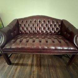 Red Leather Tufted Couch and Matching Chairs