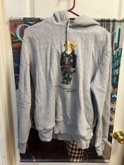 Gray Polo Ralph Lauren hoodie with bear graphic in a suit, size S