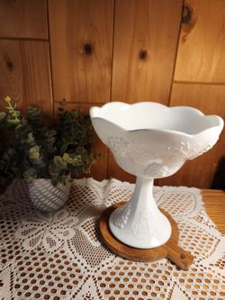Milkglass "Grapes And Leaves" Scalloped Edge Footed Candy Dish 
