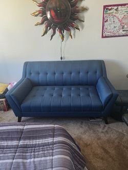 Mid-Century Modern Tufted Blue Sofa