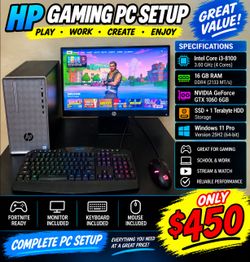 HP Gaming PC Setup with Monitor, Keyboard & Mouse