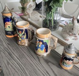 Set of 4 Vintage Hand Painted Ceramic Beer Steins Wales Germany Japan