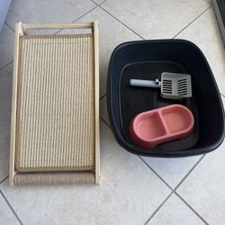 Starter supply kit Cat Litter Box + Scratcher scratching Ramp pad + Food Bowl Set