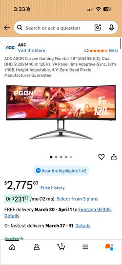 AOC Agon Ultra-Wide Curved Gaming Monitor 49”