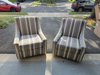 Pair of Striped Swivel Armchairs - Blue and Tan