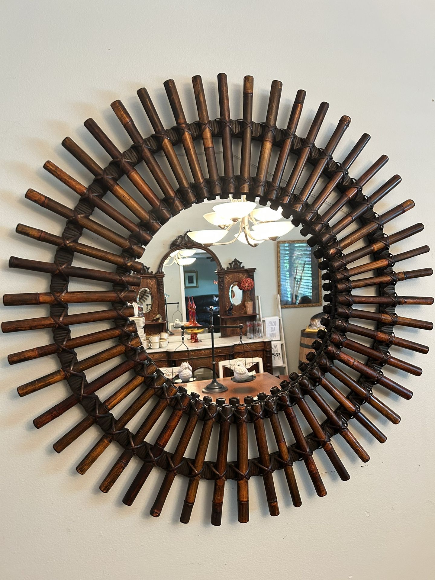 Vintage 1970’S MCM Burnt Bamboo Starburst Wall Mirror 