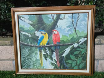 Tropical Macaws Canvas Oil Painting (Framed, Signed "Haverty")