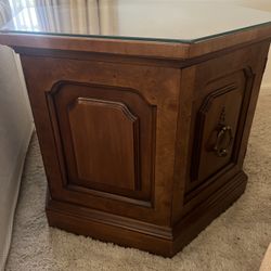 Vintage Hexagon Side Table with Glass Top 1 door opens to shelf inside 28 x 24.5 x 21h Smoke and pet free household