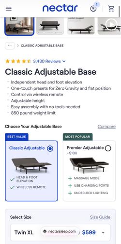 XL twin Nectar adjustable bed and mattress.