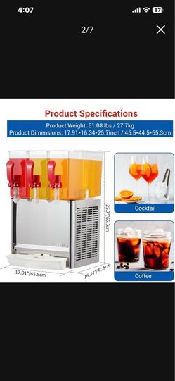 Commercial beverage dispenser with 3 tanks, iced tea machine, 10 liters per tank, stainless steel juice dispenser with thermostat control, for cold be