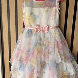 Jona Michelle Girls Fit & Flare Floral Knee Length Dress 4T Sleeveless Bow