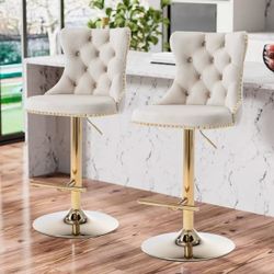 Swivel Bar Stools Set of 2,Adjustable Barstools with Back Velvet Tufted Counter Stool Modern Upholstered Bar Chairs with Nailhead for Kitchen Island R